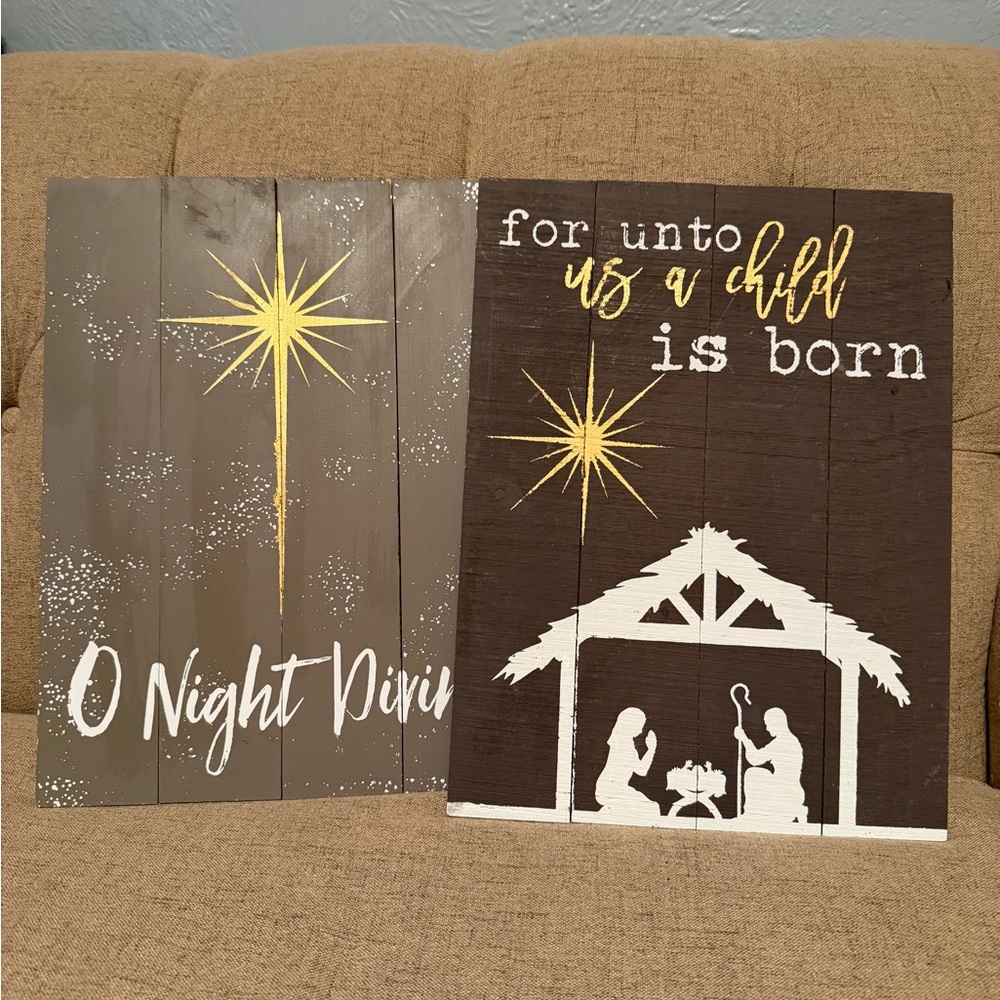 Rustic Christmas Wall Art Set | “O Night Divine” & Nativity | Wood Decor